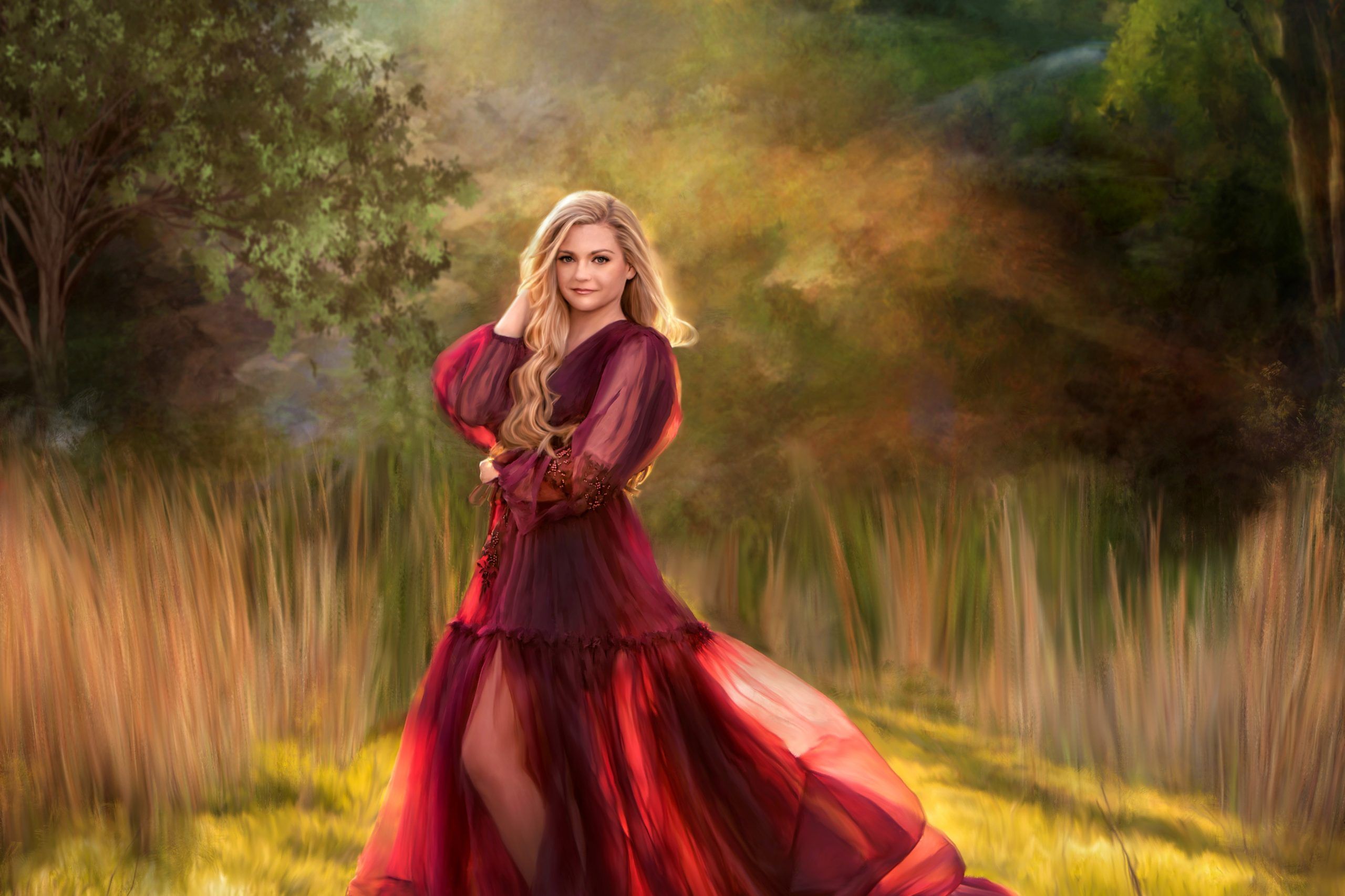 Finished image of a Painter Portrait by Mid-South Color Labs featuring a young, blonde woman in a flowing dark red dress.