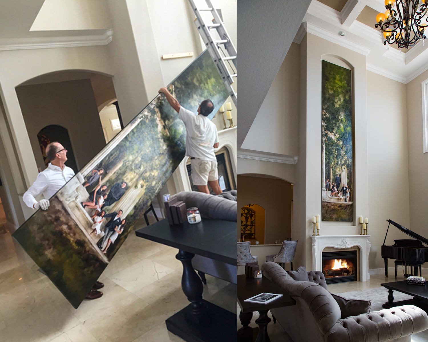 Professional photographer presenting a large framed portrait on her studio display wall, showcasing luxury photography products that boost sales